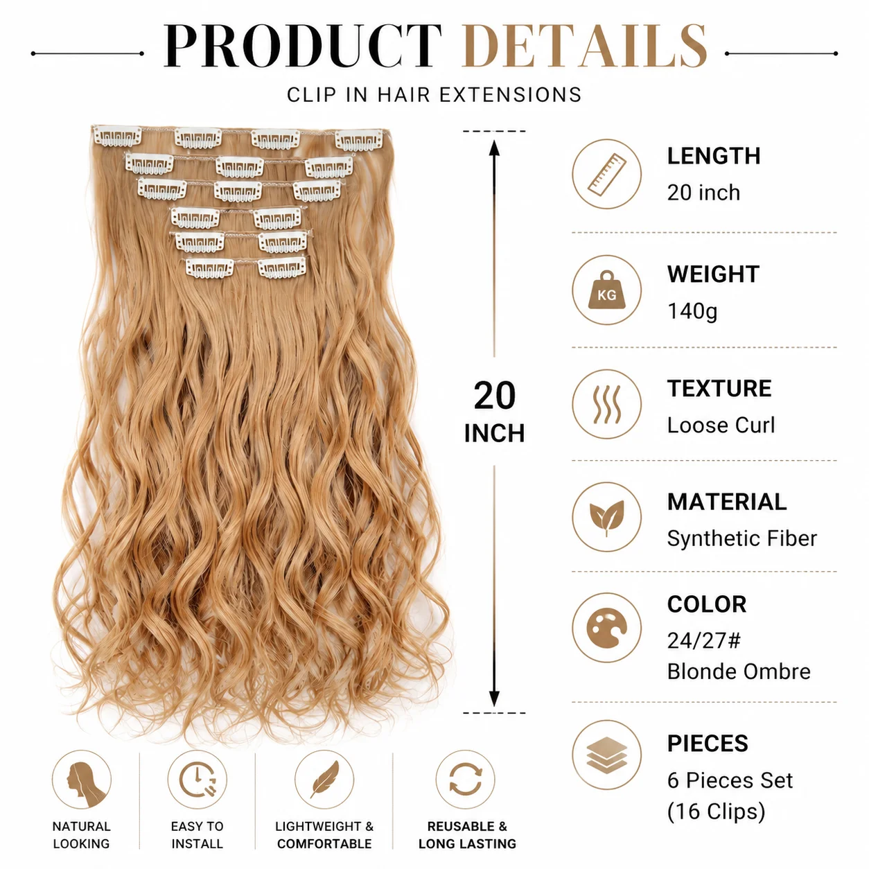 20 Inch Boho Loose Curl Clip In Hair Extensions Synthetic Fiber Ombre Blonde Weft Pieces Set 16 Clips Wavy Hairpiece For Women