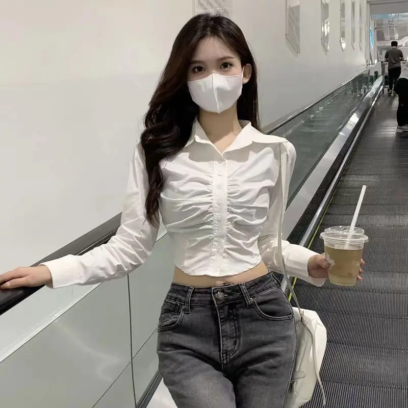 Spring Autumn Female Clothes Pleated Petite and Spicy Women Sexy Pure Desire White Shirt Short French Style Waist Cinching Top