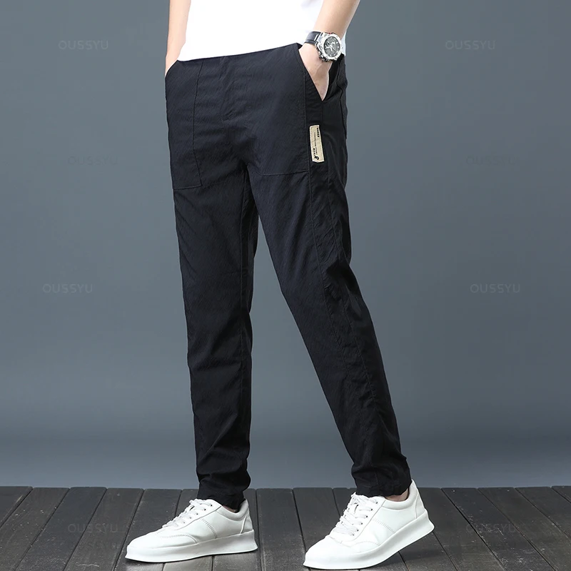 Summer Ultrathin Breathe Striped Pleats Casual Pants Men Stretch Slim Elastic Waist Business Classic Male Gray Green Trousers