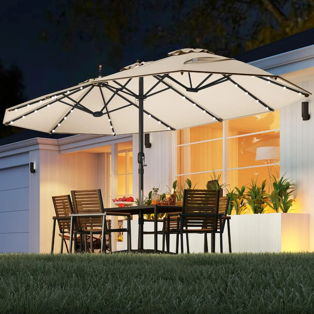 15FT Double-Sided Solar Patio Umbrella, Extra-Large Outdoor Twin Umbrella with 48 LED Lights, Vented Top, Crank Handle