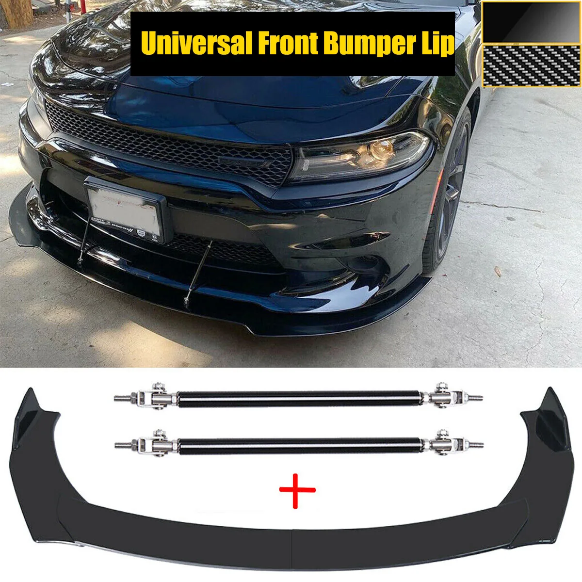 For Dodge Charger Challenger SRT SXT RT Front Bumper Lip w/ Strut Rod Side Spoiler Splitter Body Kit Universal Car Accessories