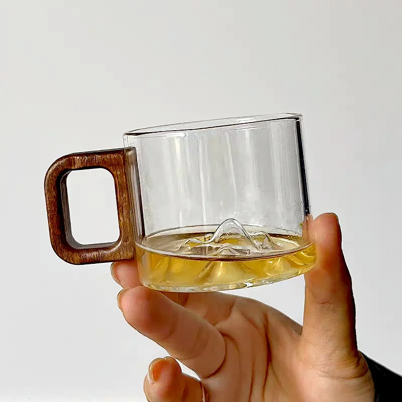 Small capacity 110ml Walnut Wooden Handle Glass Coffee Mug Freshly Ground Coffee Cup Home Tea Milk Breakfast Cups Drinkware view 3