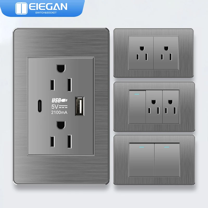 

ELEGAN Grey 118*74mm Socket with USB Type-c,PC Drawing panel Thai US Plug Combination DC 5V 2.1A Fast Charger Power Socket hogar