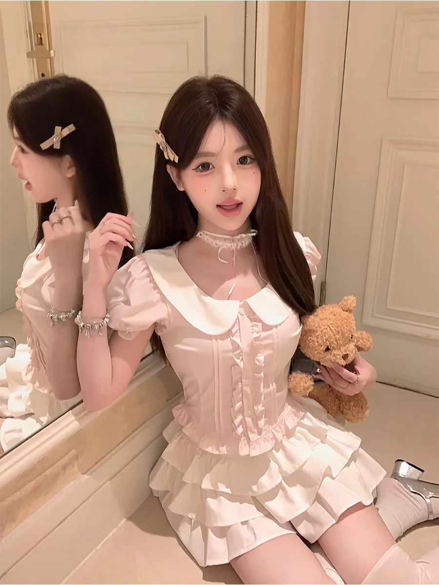

Korean Style Uniform Sweet Two-Piece Pink Doll Collar Shirt High Waist Fluffy White Cake Skirt Half Skirt Summer Fashion Set