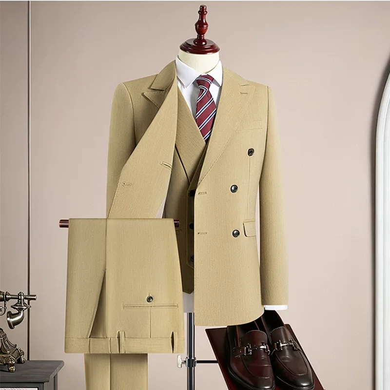 Spring Autumn Men Pure Color Double Suit Breasted 3-Piece Set Suitable for Mens Formal Business, Social, Wedding Banquet Events