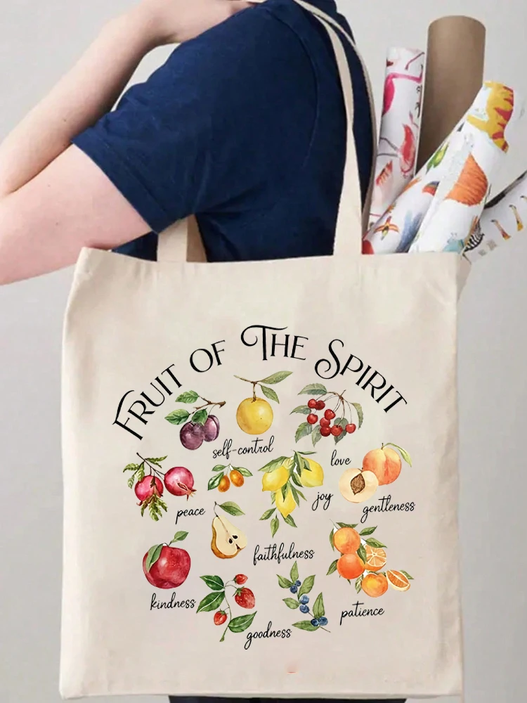 1pc Cute Fruit Spirit Pattern Women Canvas Bag Shopping Bag No Zipper Canvas Tote Bag Beach Bag for Travel, Grocery, Outings