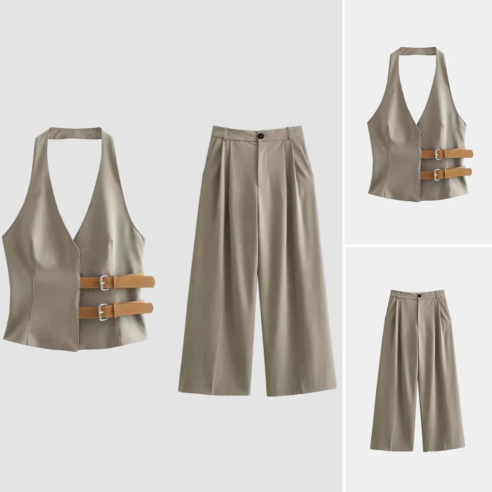 

Mia Muse Boutique Майки с бретелькой на шее, длинные брюки с высокой талией и широкими штанинами, рабочие комплекты, лето 2022, K-Fashion, однотонные, без рукавов