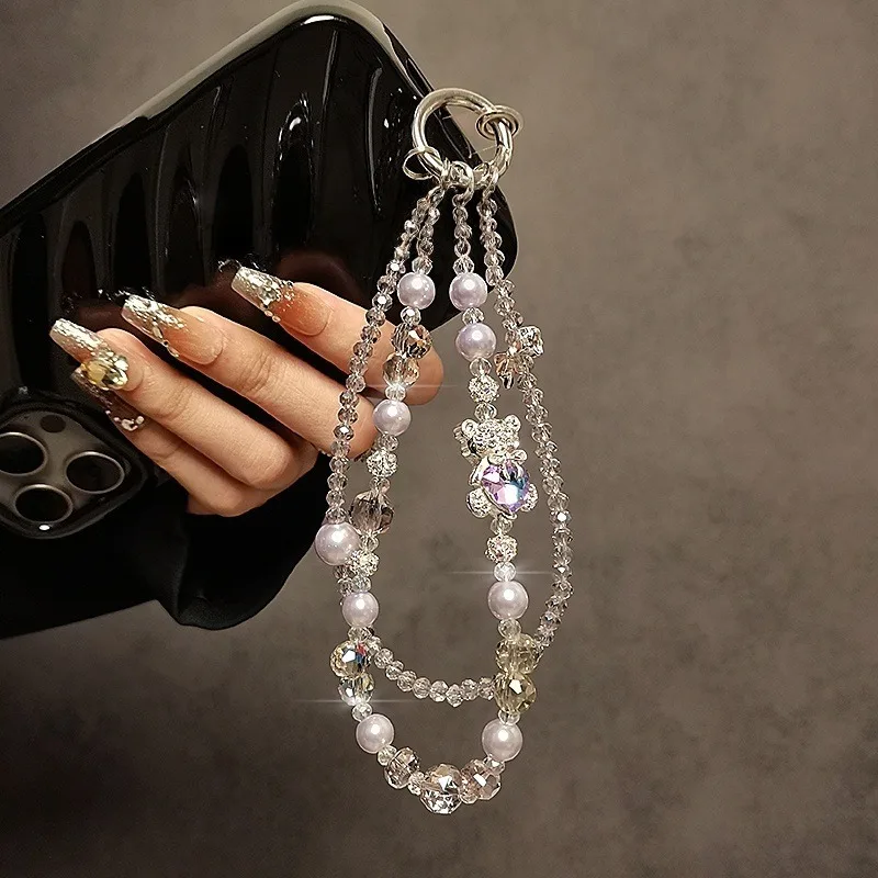 Luxury and Sophisticated Beaded Crystal Phone Charm, Stylish Rhinestone Cartoon Bear Phone Lanyard, Short Handbag Chain.