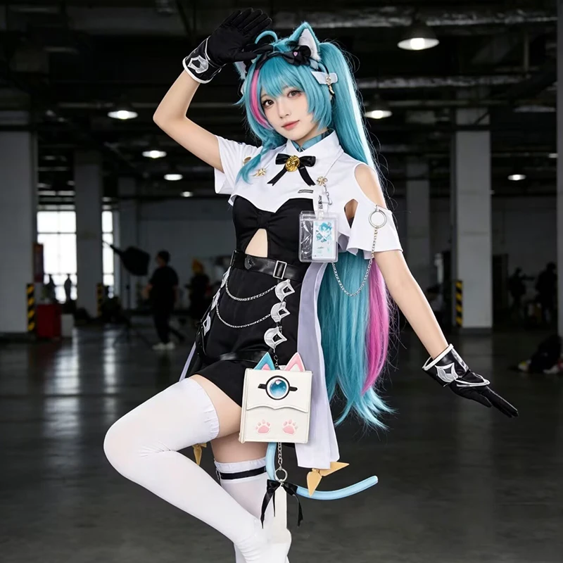 ﻿ Anime Neverness to Everness Cosplay Costume Game NTE Mint Short Shirt High Waisted Skirt Combat Uniform Wig Ear Tail Full Set