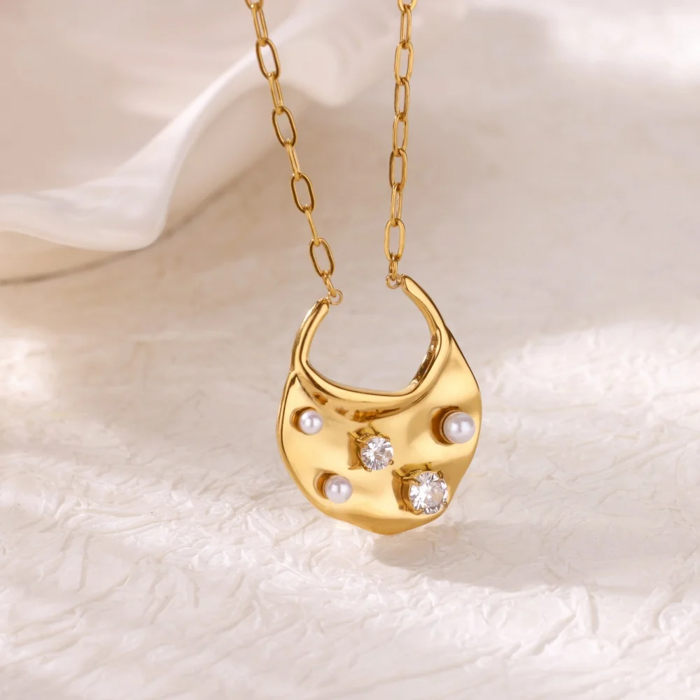 

Stainless Steel Zircon Imitation Pearl Necklaces For Women Gold Color Geometric Pendant Necklace Wedding Birthday Luxury Jewelry