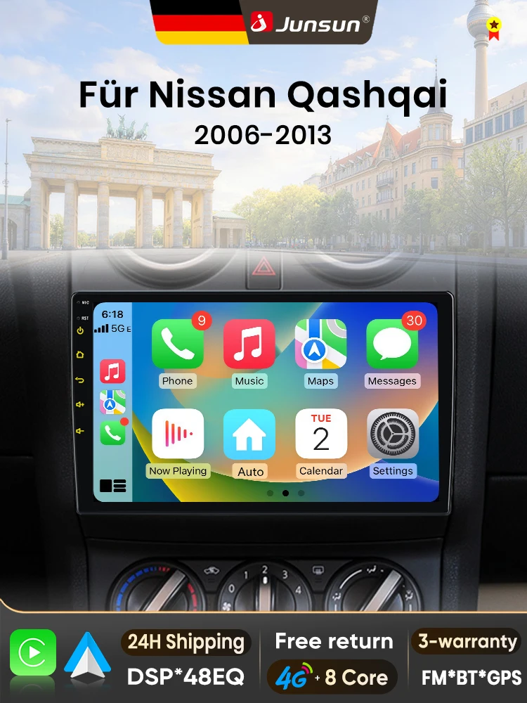 Junsun 9 inch Android 15 autoradio voor Nissan Qashqai J10 2006-2013 draadloos voor Apple CarPlay Auto IPS scherm stereo multimediaspeler automotive slimme intelligente systemen 2 Din autoradio head - afbeelding 2