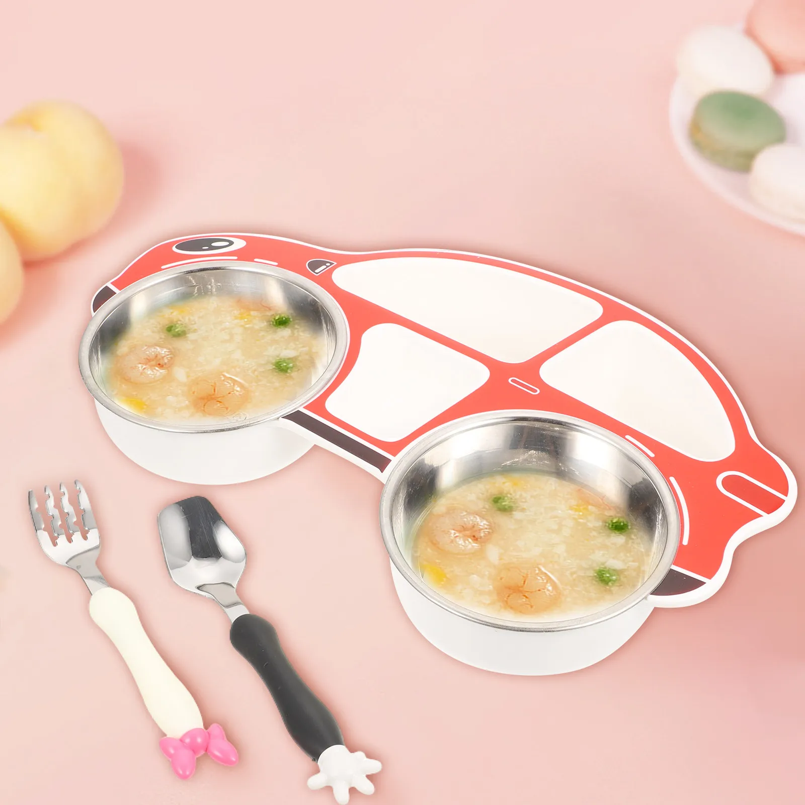 1Set Kids Divided Food Plate Set with Spoon Fork Cartoon Car Shape Toddler Dinner Plate High Temp Resistant Dishwasher Safe