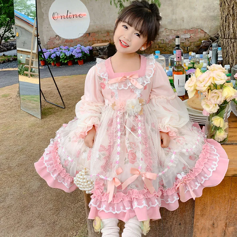 Autumn Dress for Girls Baby Birthday Princess Party Vestidos Infantil Lace Lolita Kawaii Wedding Dress Girl Bow Children Dresses