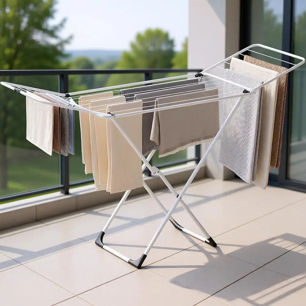 

Clothes Drying Rack, Metal Laundry Drying Rack, Foldable, Space-Saving, Free-Standing Airer, with 2 Gullwings, Indoor Outdoor Us