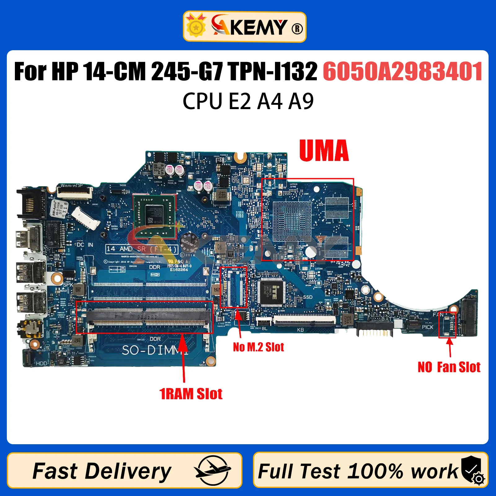 

AKEMY 6050A2983401 Laptop Mainboard For HP 14-CM 245-G7 TPN-I132 Notebook Motherboard With E2 A4 A9 CPU 100% Tested OK