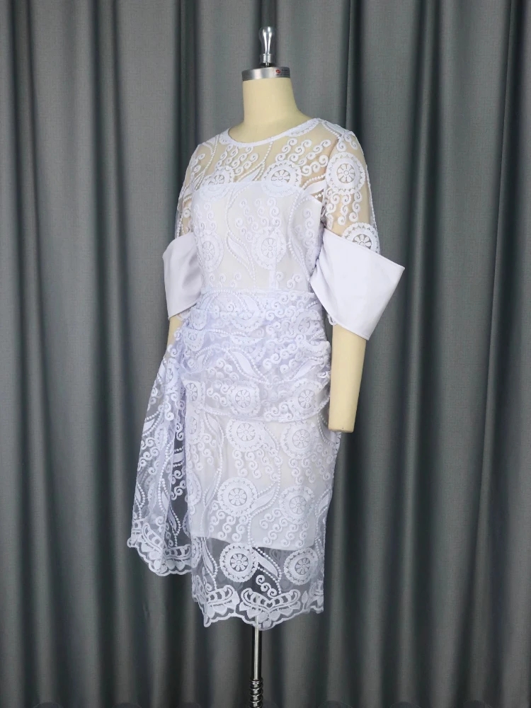 Vestidos de encaje blanco para mujer, túnica bordada con cuello redondo Vintage, vestido Midi elegante Retro a la cadera, vestidos de boda para fiesta de vacaciones