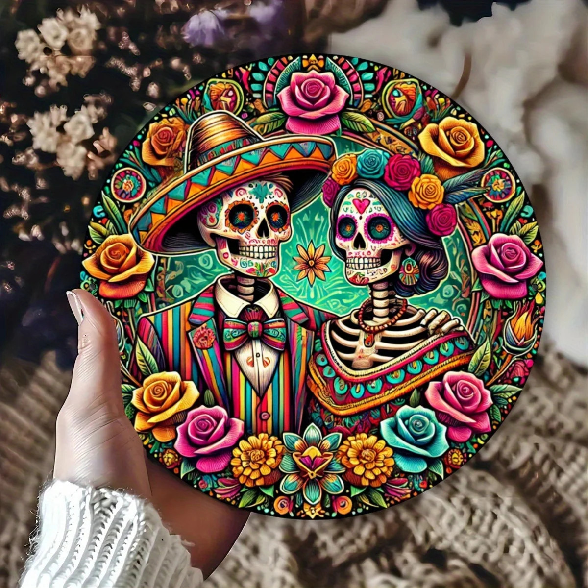 قطعة واحدة من لافتة خشبية مسطحة دائرية ثنائية الأبعاد، شعار إكليل بنمط هيكل عظمي يوم الموتى، مناسب لتزيين يوم الموتى