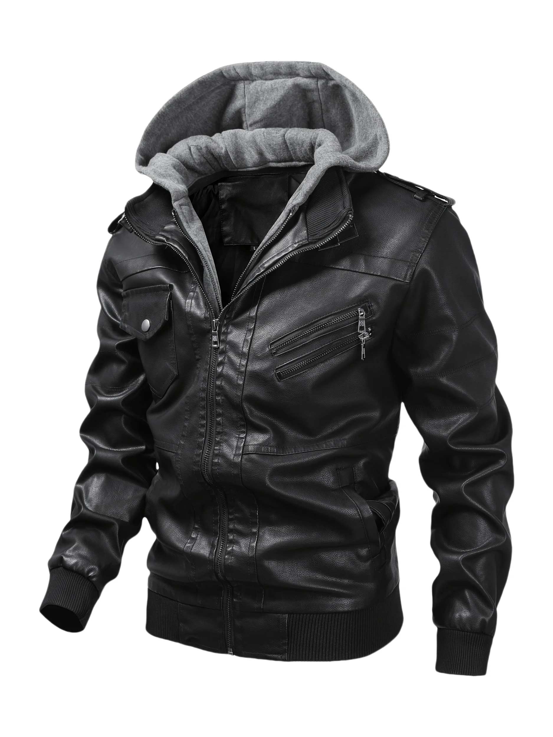 Mens Jacket Vintage Biker Style Black PU Leather Hooded Coat Detachable Gray Hood Zipper Pocket Ribbed Hem Retro Casual Fashion