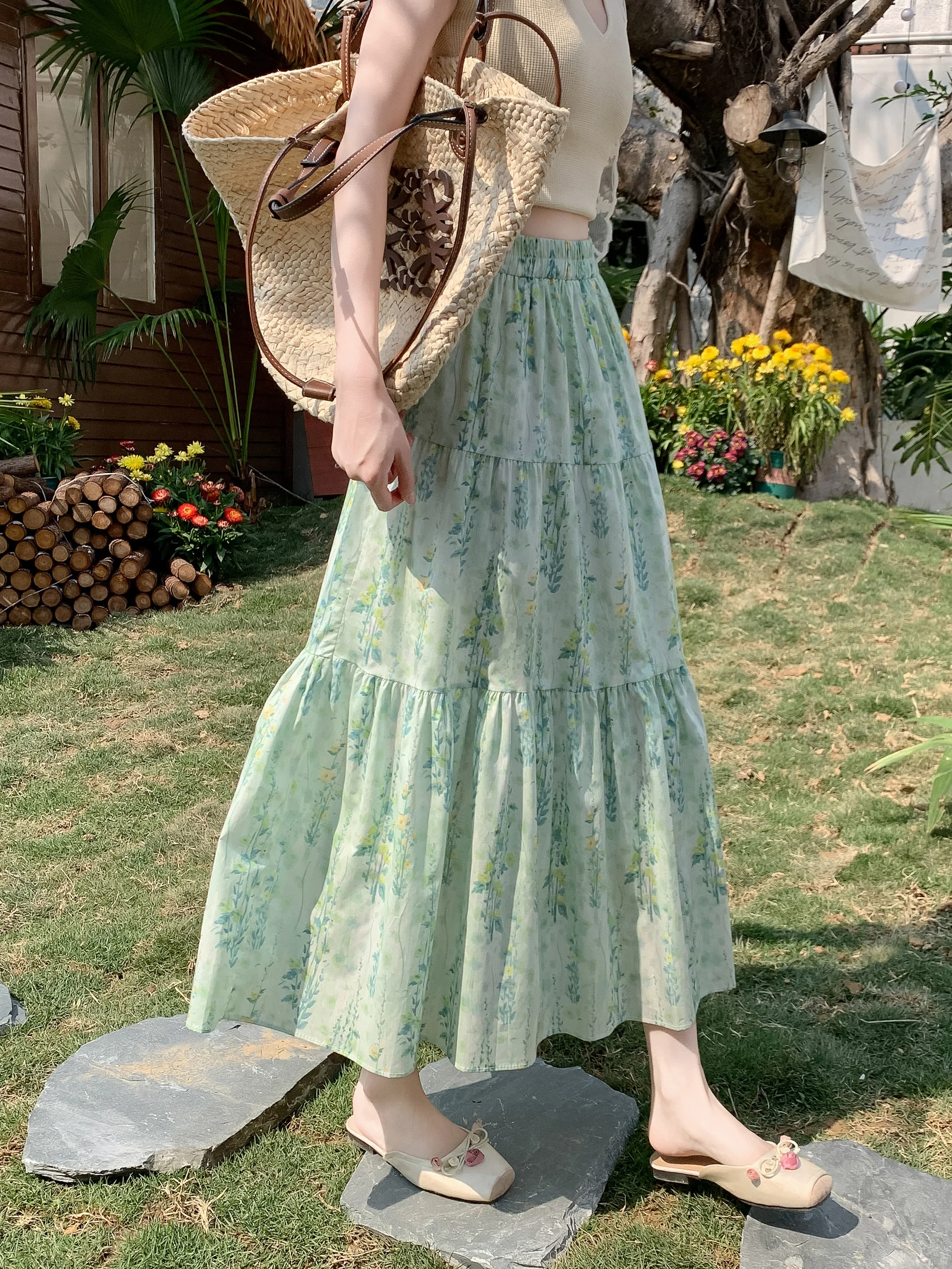 

French Green Floral Patchwork Layered Cake A-line Skirt For Women Elastic Waist Flowy Elegant Pastoral Fairy Skirts For Summer