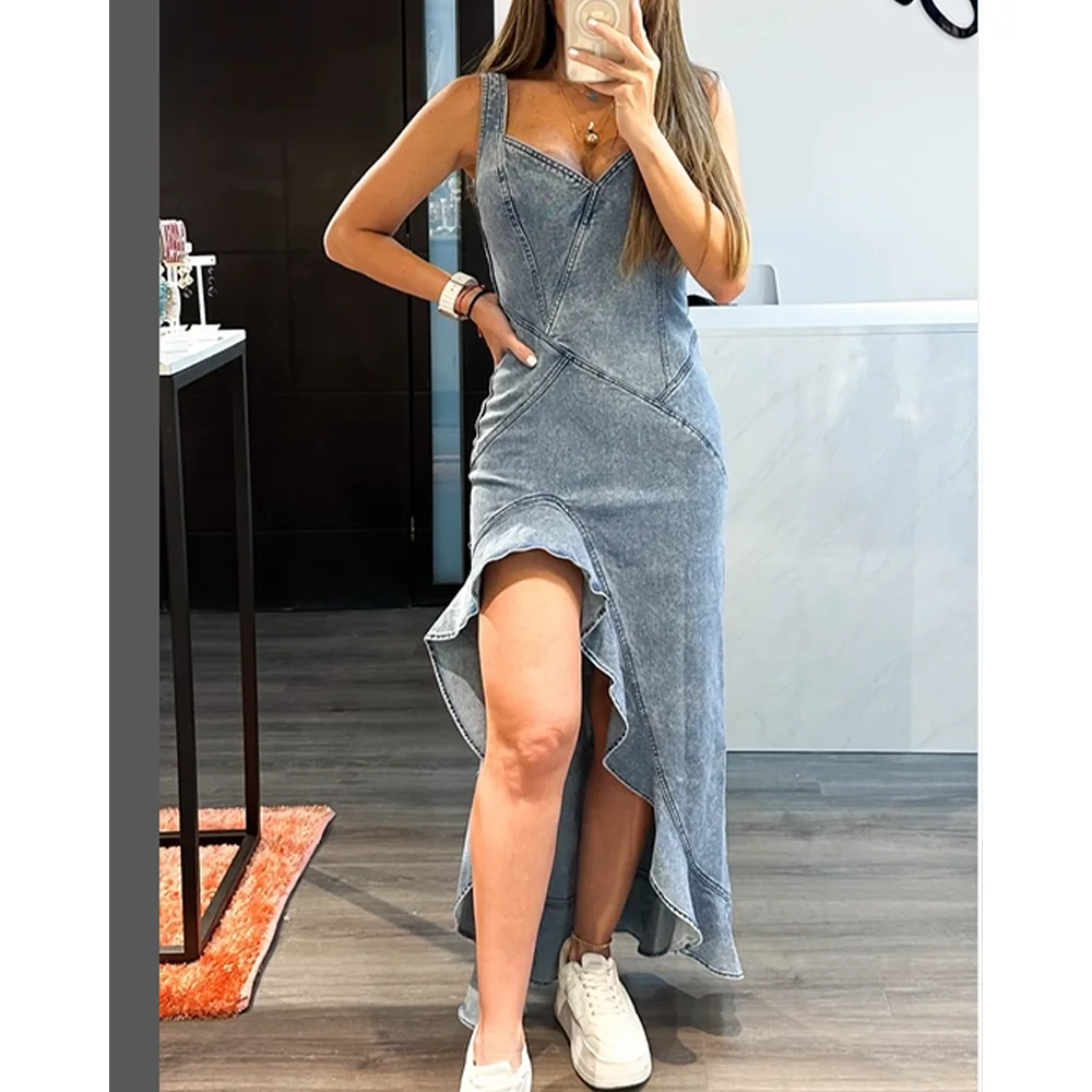 Damen Denim ärmellose V-Ausschnitt Kleider Seitenschlitz Slim Fit Schlitz unregelmäßige Rüschen rohes High Street langes Kleid