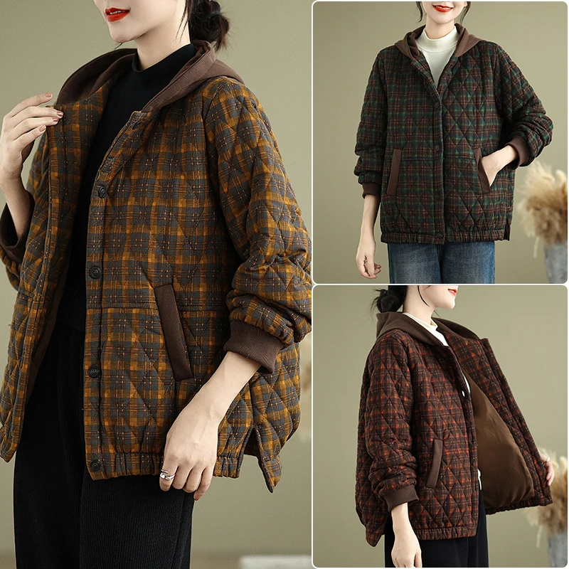 

Loose Fit Cotton Jaet Korean Sle Retro Diamond Print Faionable Hooded Autumn Winter Coat Large Size id Pattern