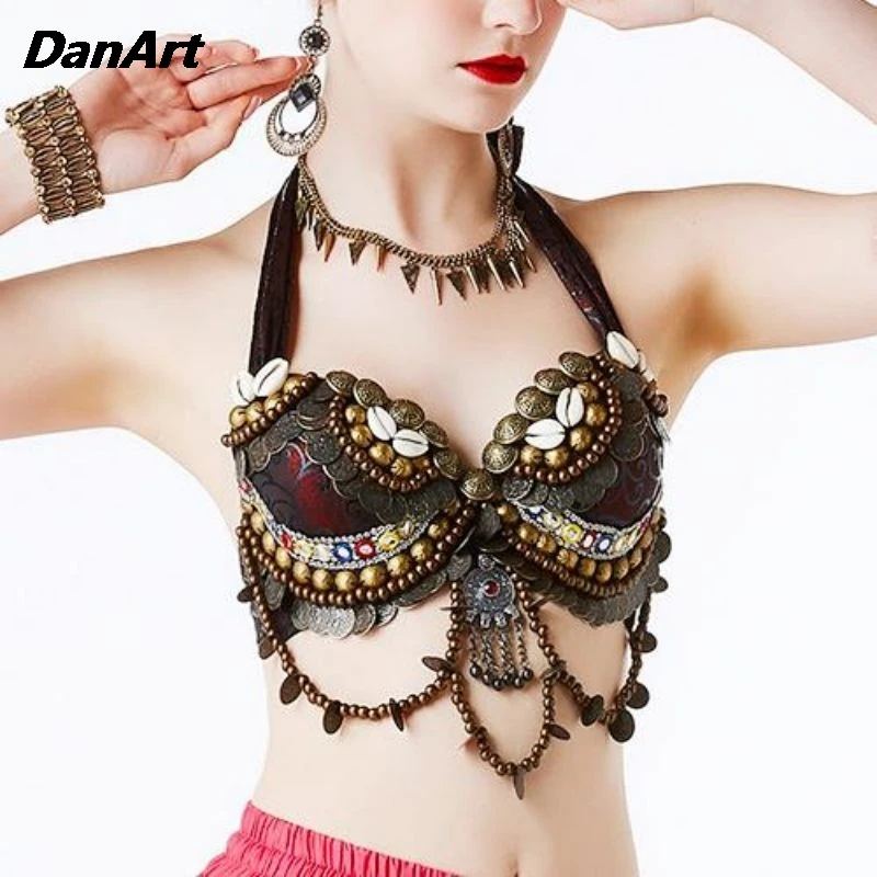 New Belly Dance Performance Costume Female Ethnic DanceTribal Gypsy Costume Tribal Bra Women Hand Beading Bra Adjustable