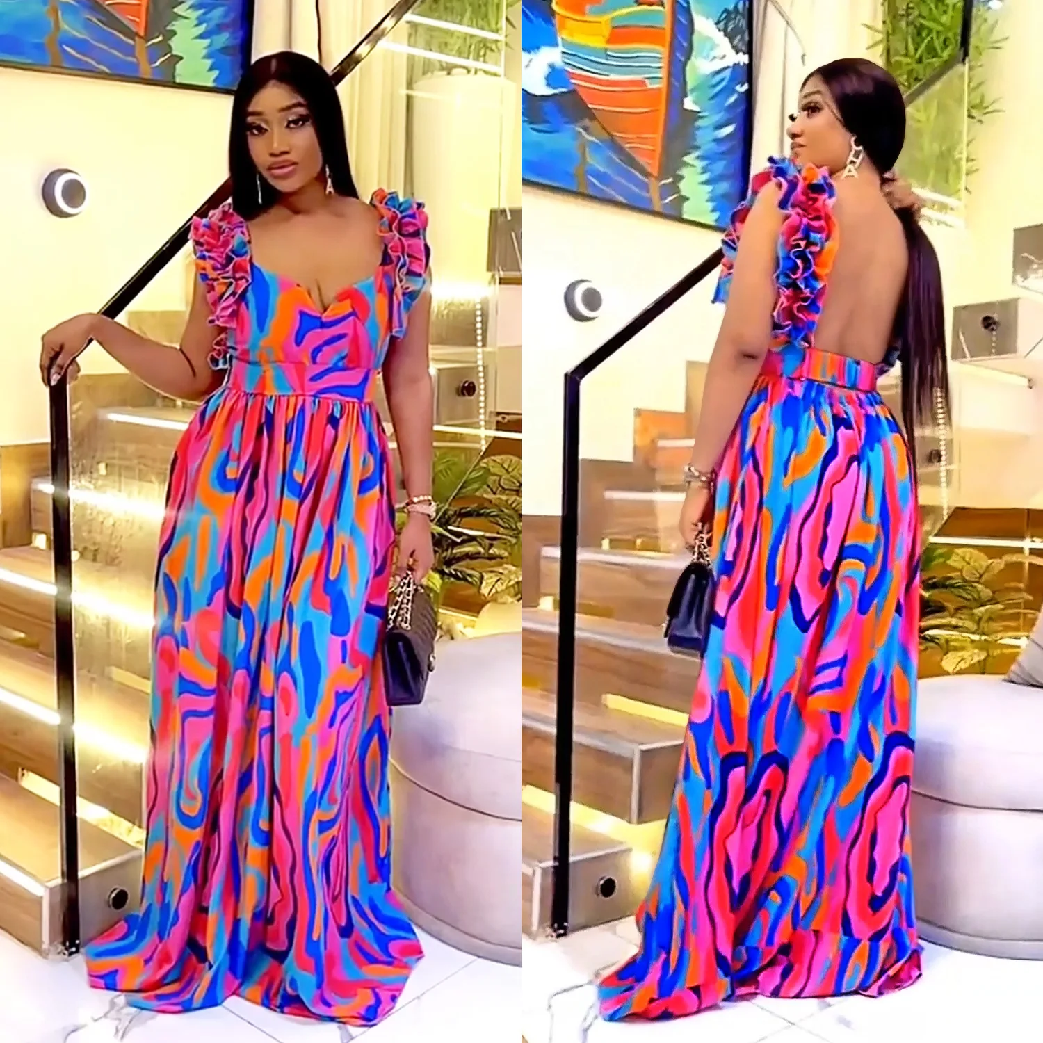 

customized women's adult temperament European and American fashion elegant ruffled shoulder strap printed dress evening gown
