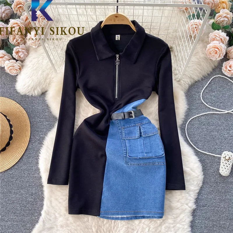 

2024 Spring Autumn Long Sleeve Spliced Denim Dress Women Zipper Fashion Lapel Mid Long Dress Pocket Slim Casual Dress Female