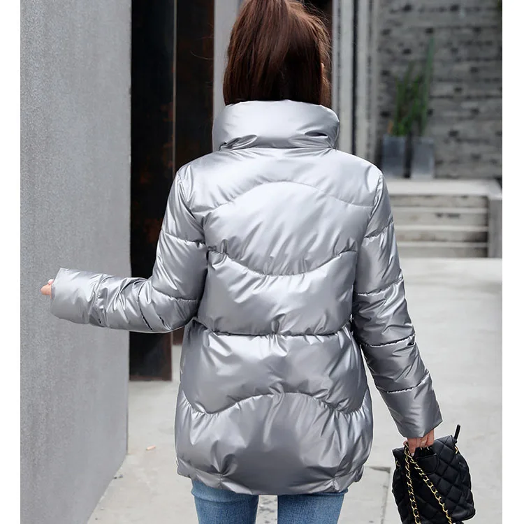 Winter Stand Collar Jacket Long Sleeve Ladies Shiny Parka Coat Loose Large Size Cotton Jacket Warm Solid Color Slim Coat Women