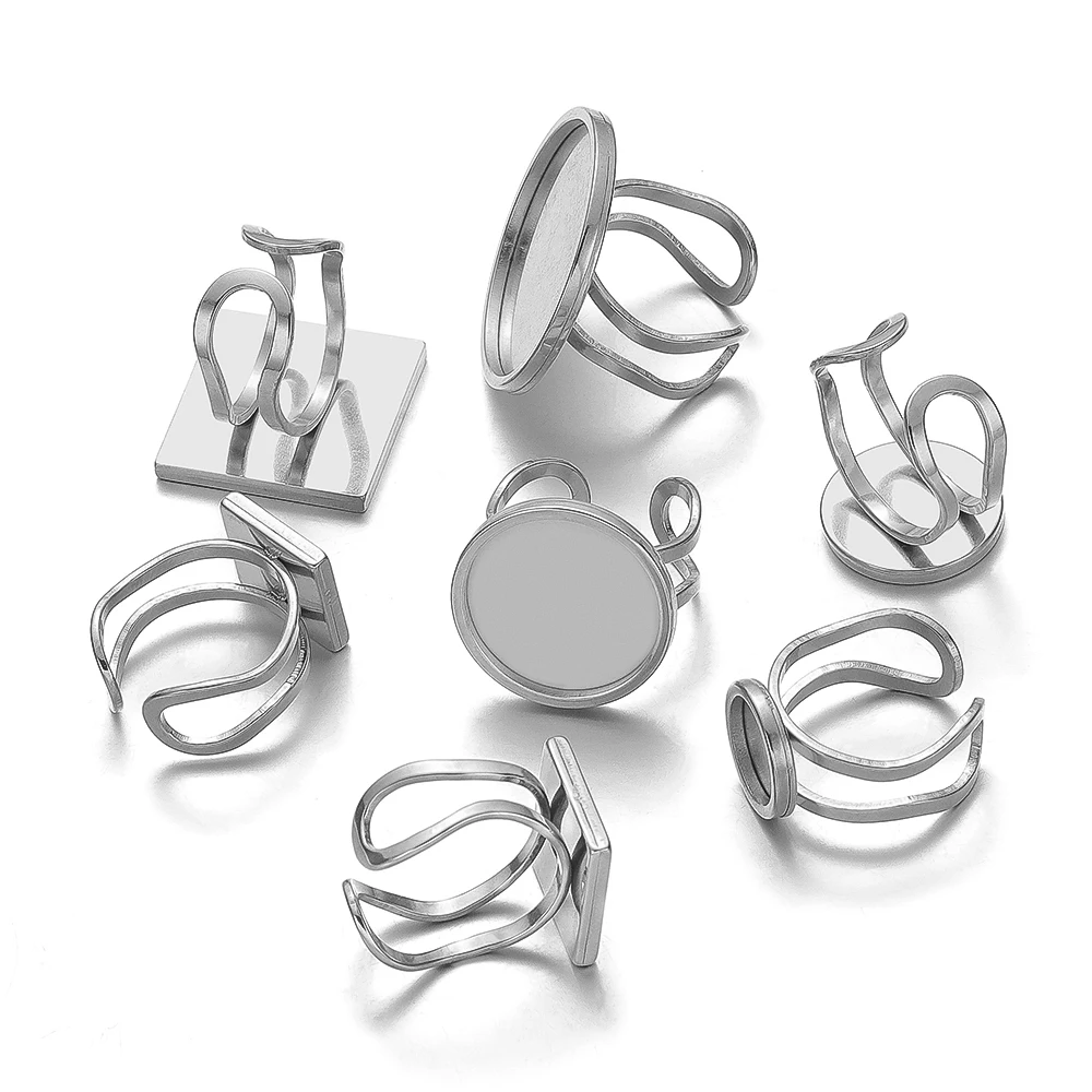 4 pezzi in acciaio inox rotondo anello aperto Base cabochon in vetro impostazioni cammeo vassoio vuoto per basi anello fai da te impostazione creazione di gioielli