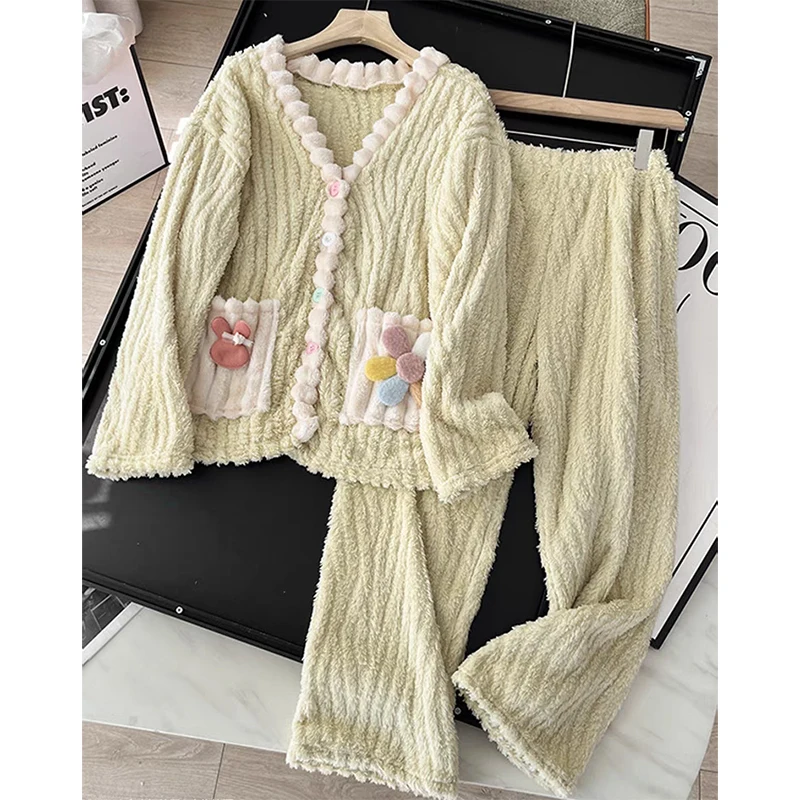EVNISI-Conjunto de cárdigan holgado y pantalones de cintura elástica para mujer, pijama de terciopelo con flores 3D, traje de lana cálido para otoño e invierno, 2 piezas
