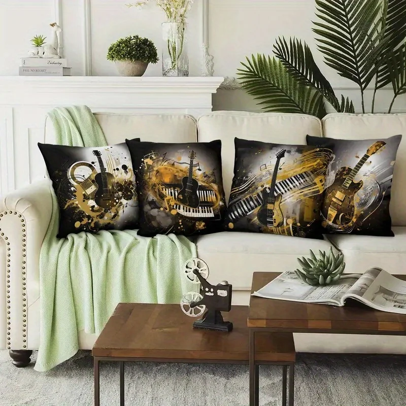 Set of 4 Guitar Music Art Pillowcases Throw Cushion Cover 40x40cm Stylish Rock Musician Home Decor Pillowcase