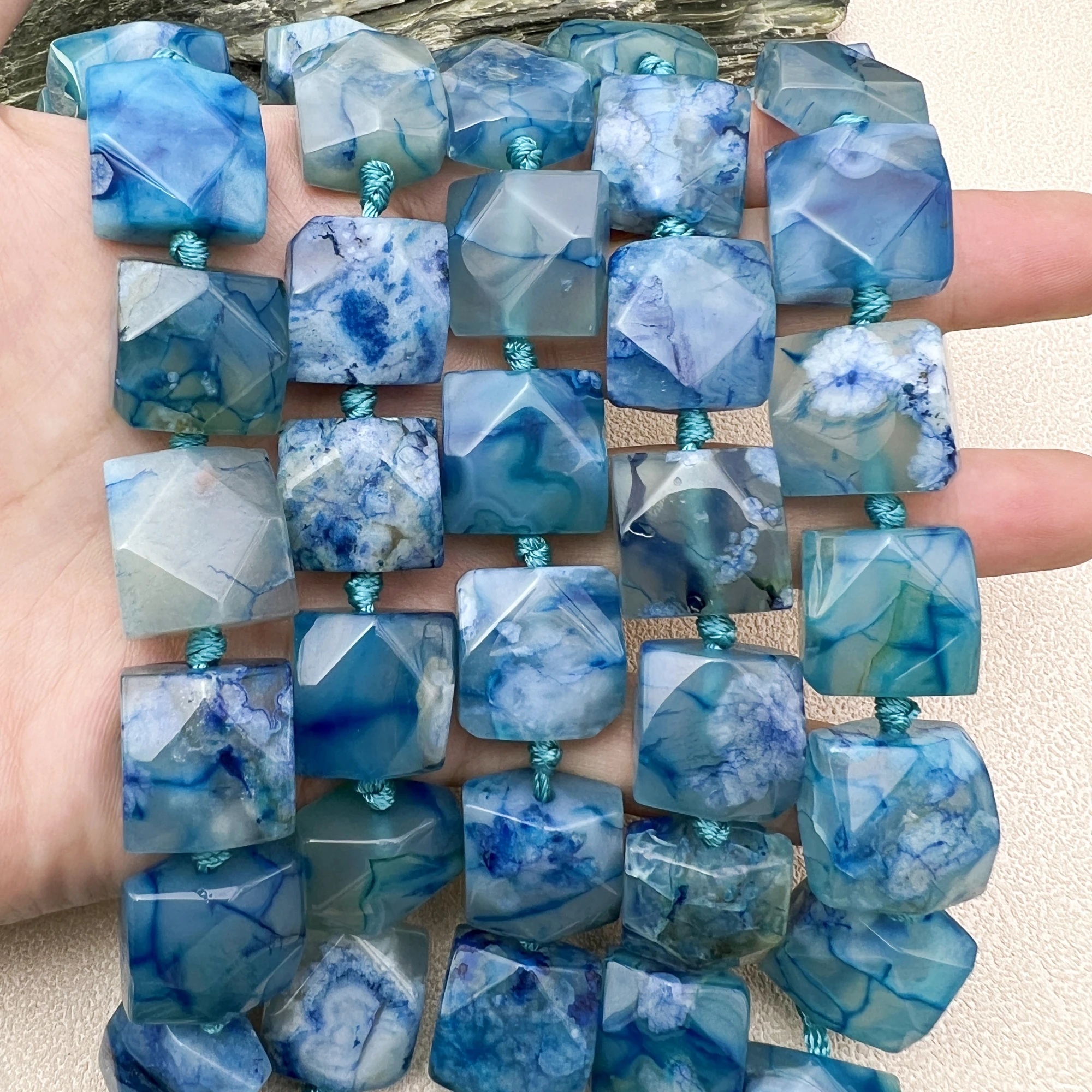 Large Faceted Square Shape Blue Sakura Quartz Cherry Agates Stone Nugget Focus Beads
