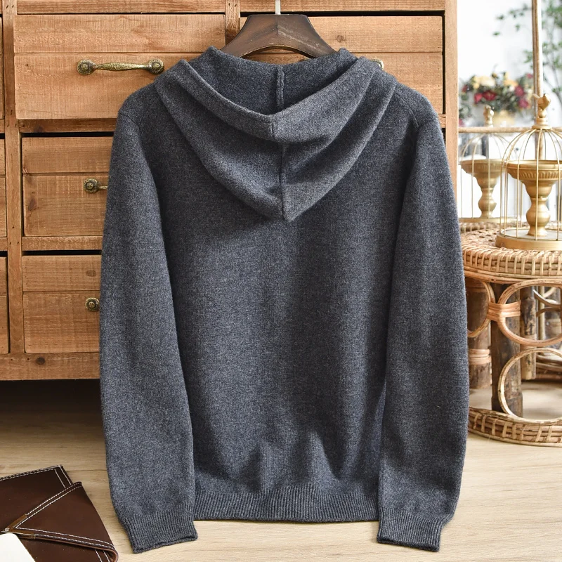 New men\'s pure cashmere sweater, double stranded thick cardigan, hooded jacket, pocket zipper knitted hat, high-end solid color