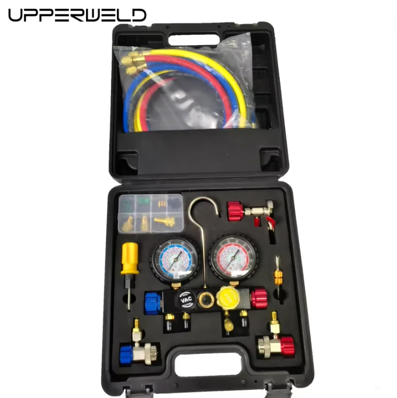 HVAC AC Manifold Gauge Set, R134A R410A R404A R22 Refrigerant Gauges with Hoses
