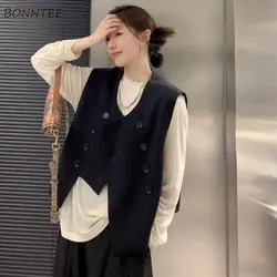 Vests Women Solid Elegant Romantic Spring Simple Trendy All-match V-Neck Chic British Style Comfortable Button Asymmetrical New