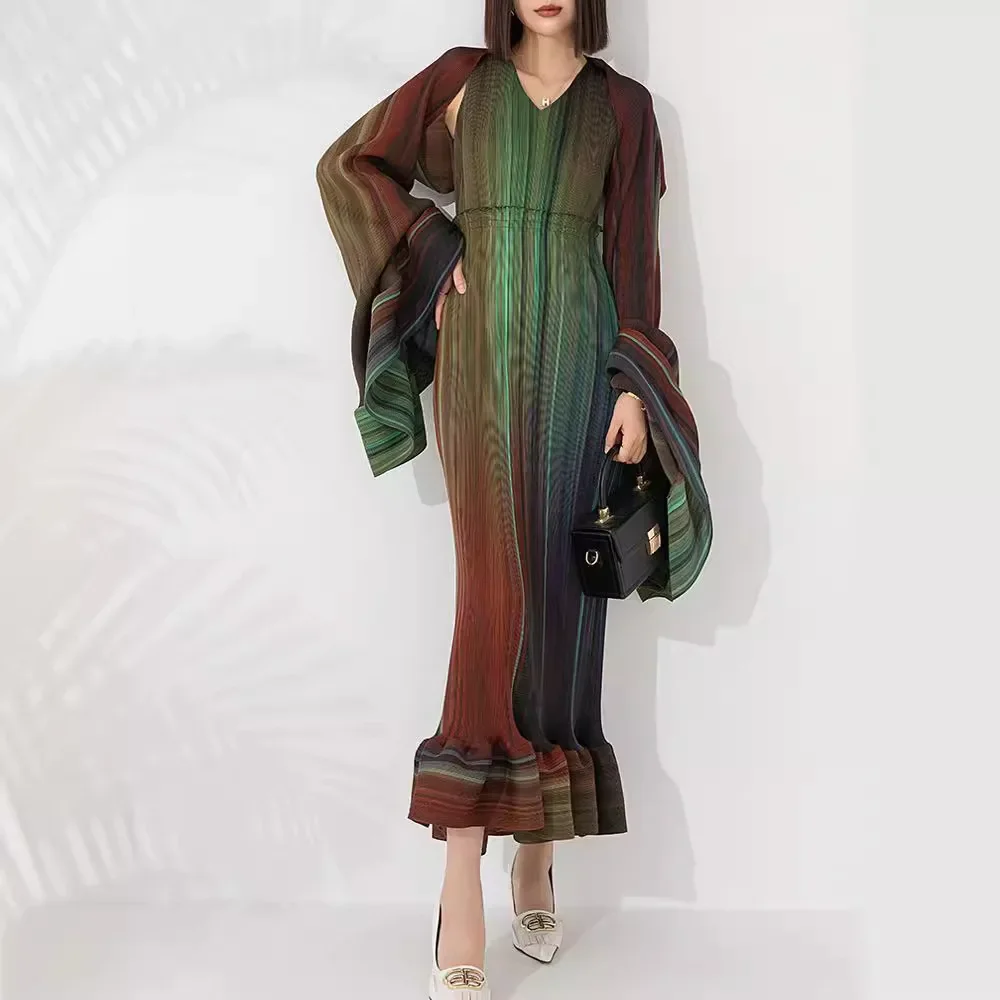 Miyake Pleated Suit Women High-end Spring and Summer New Gradient Color V-neck Inner Long Dress Long-sleeved Outer Two-piece Set