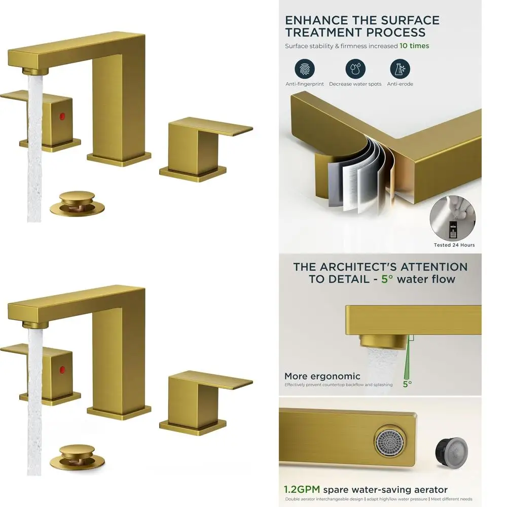 

Square 2-Handle 8 Widespread Brushed Gold Faucet with 3 Holes, Metal Drain, 24 CUPC Lines for Vanity Sinks