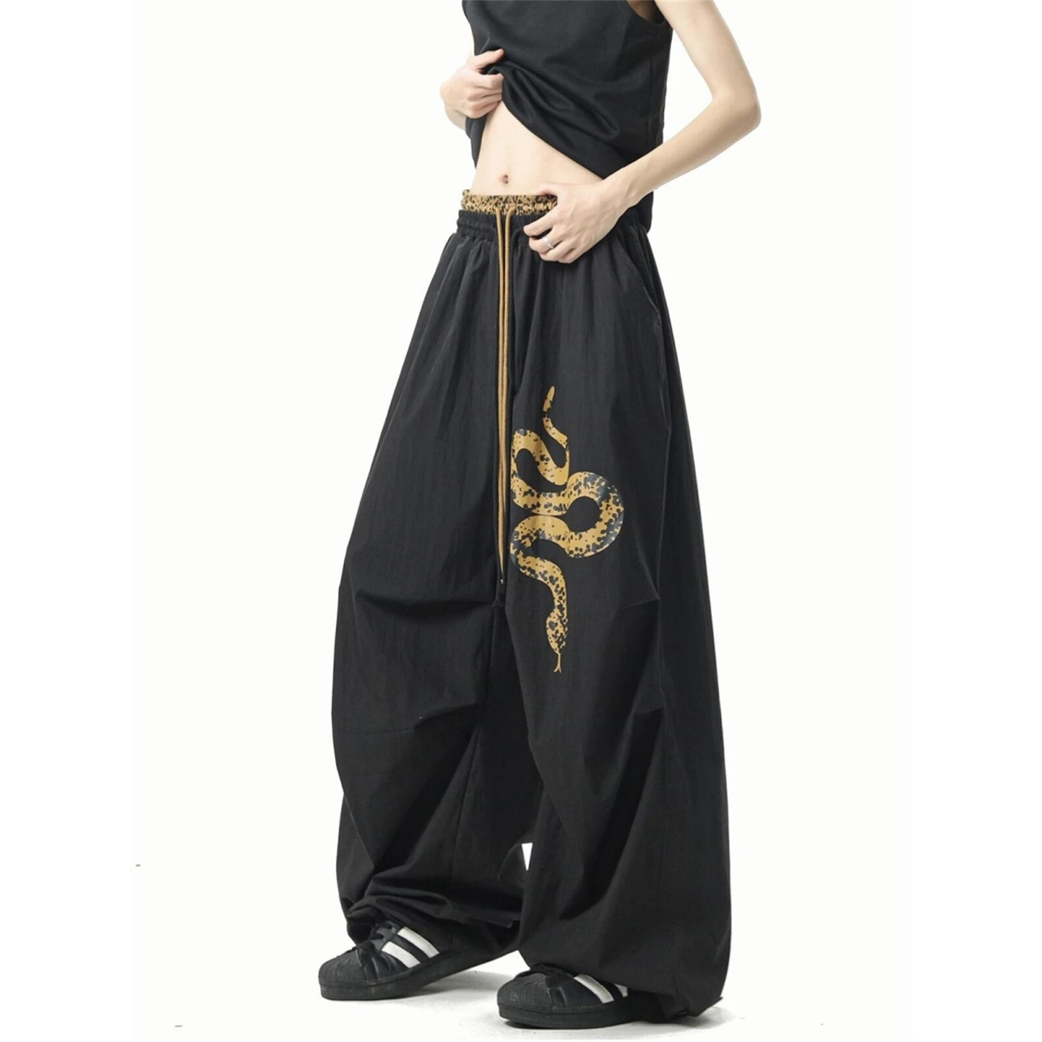 Women's Y2K Streetwear Oversized Baggy Pants Black with Snake Print Drawstring Wide Leg Trousers Casual Fashion Pants