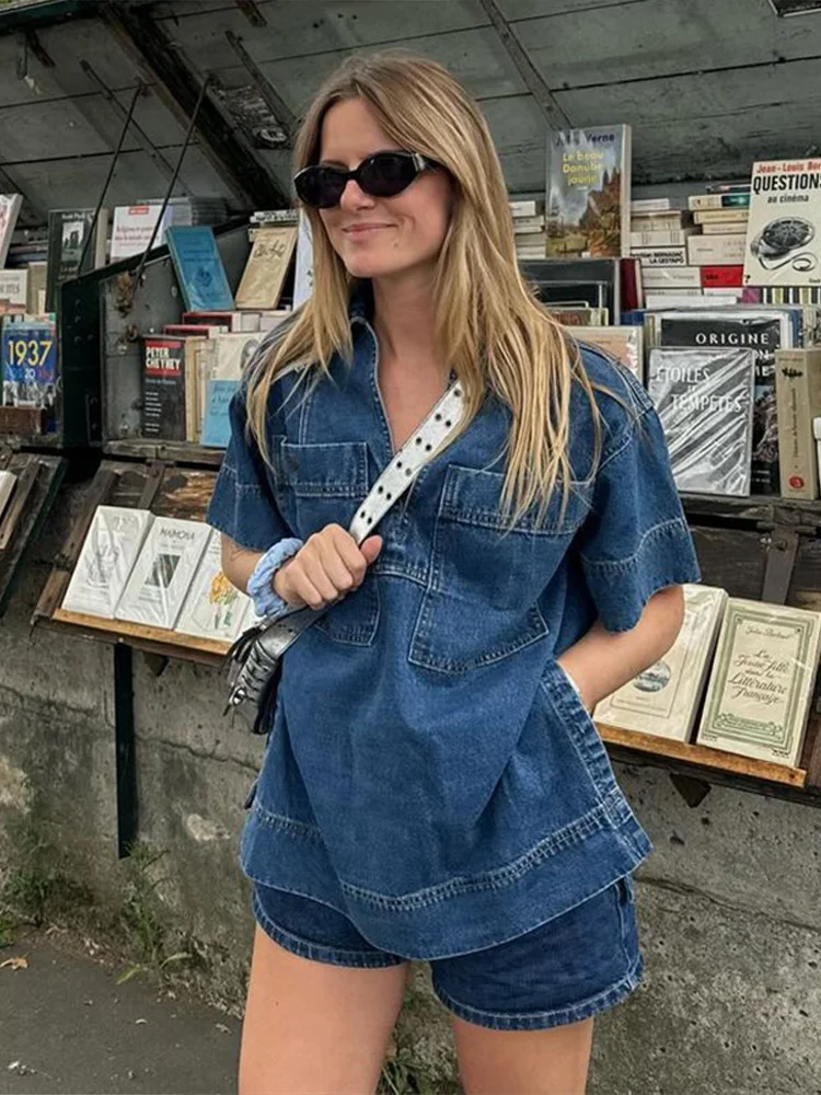

Vintage Denim Women's Suit Casual Polo Collar Short Sleeve Pockets Tops Hip Package Mini Skirt Chic Lady High Street Sets Summer