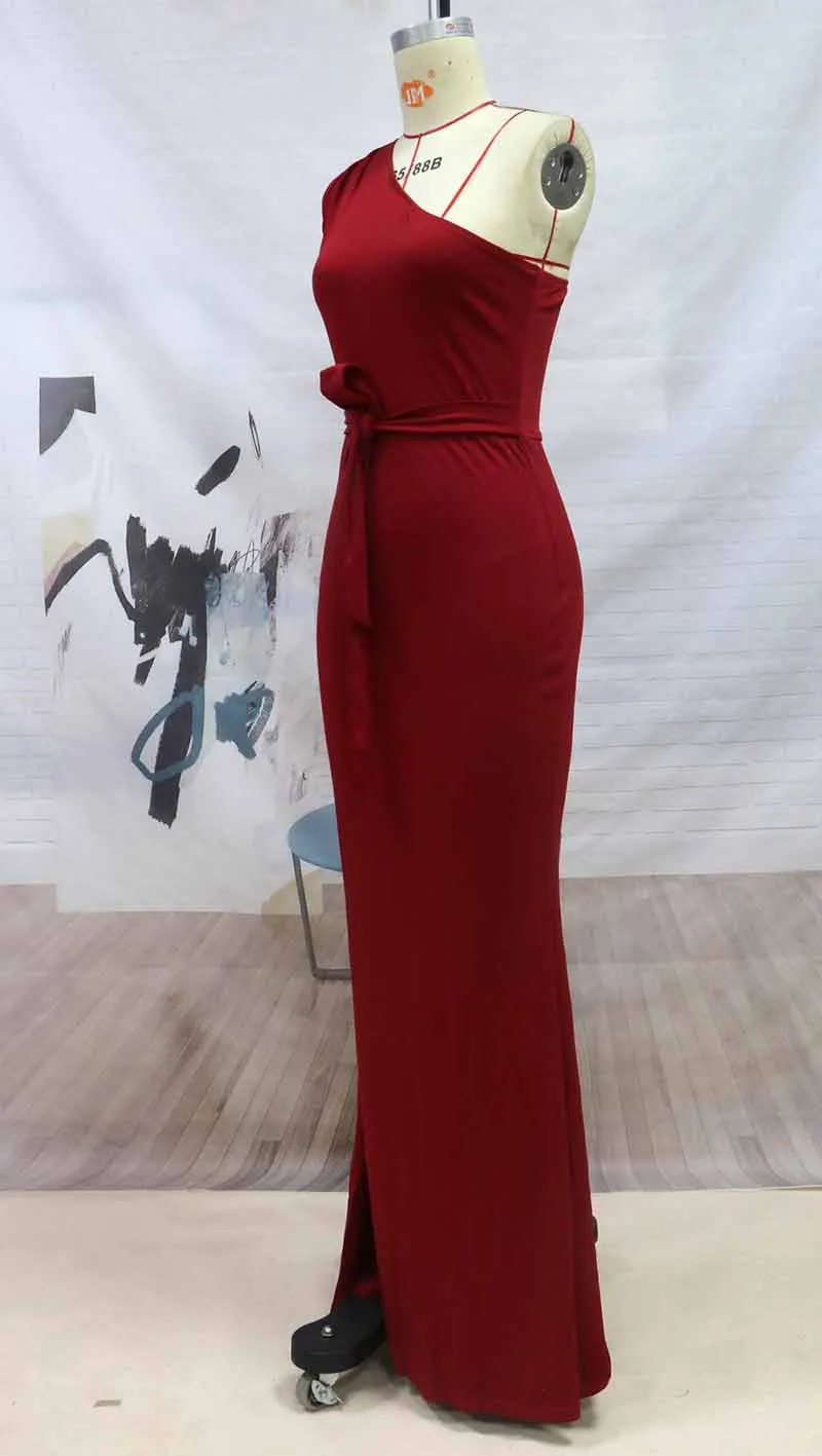 Elegante Frauen schlanke Scheide Brautjungfer Kleid klassische eine Schulter Abendkleid sexy lange Bodycom Bogen Gürtel Roben Invitée Mariage