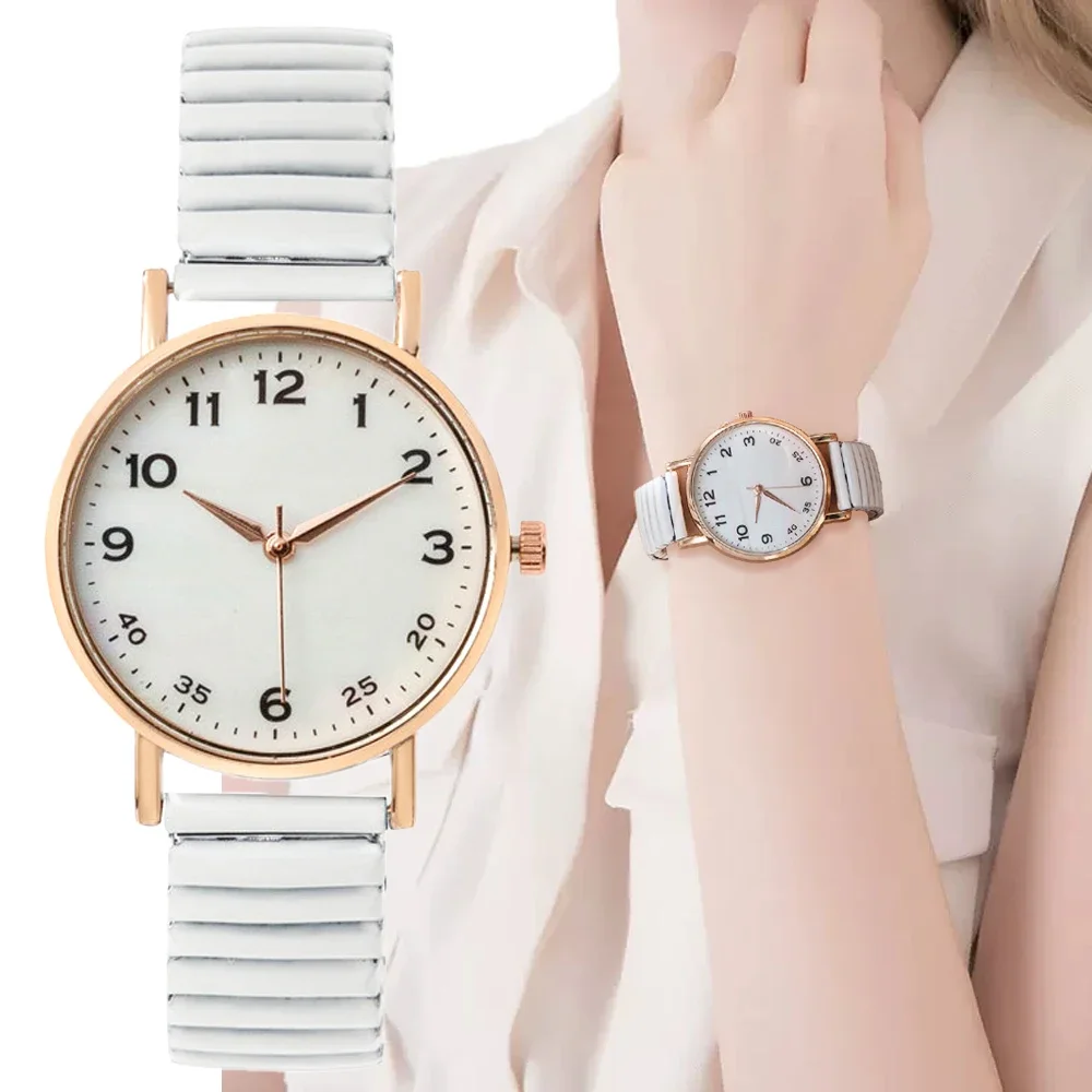 Luxury Simple Digital White Face Ladies Quartz Watch Casual Stainless Steel Stretch Strap Fashion Women Dress Clock Watches