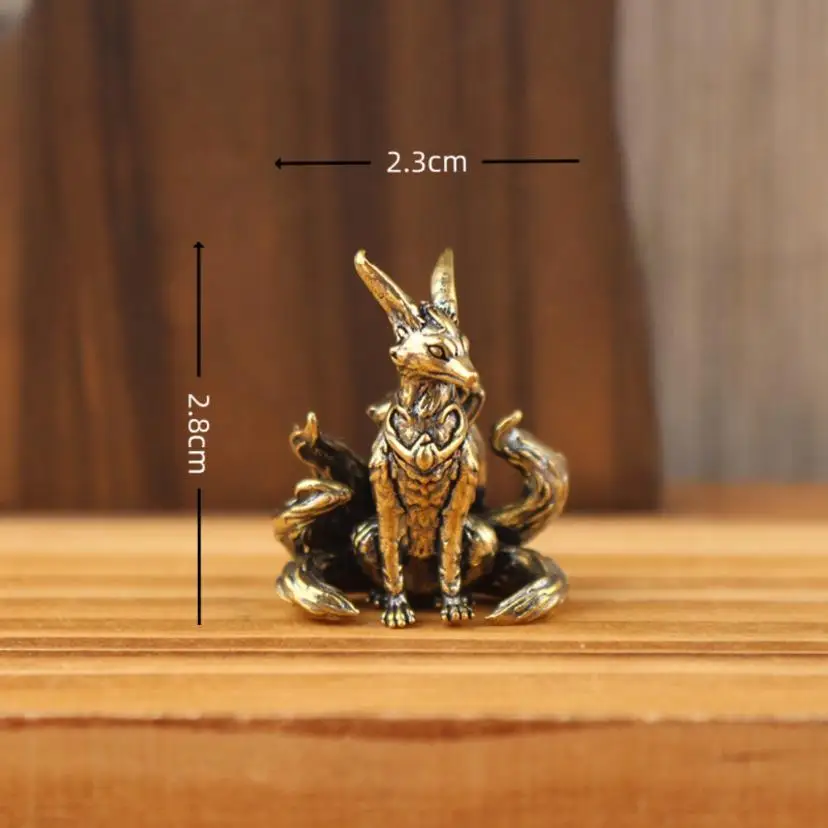 Antique Brass Lucky Nine Tailed Fox Figurines Feng Shui Ornament Copper Animal Miniature Office Desktop Crafts Home Accessories
