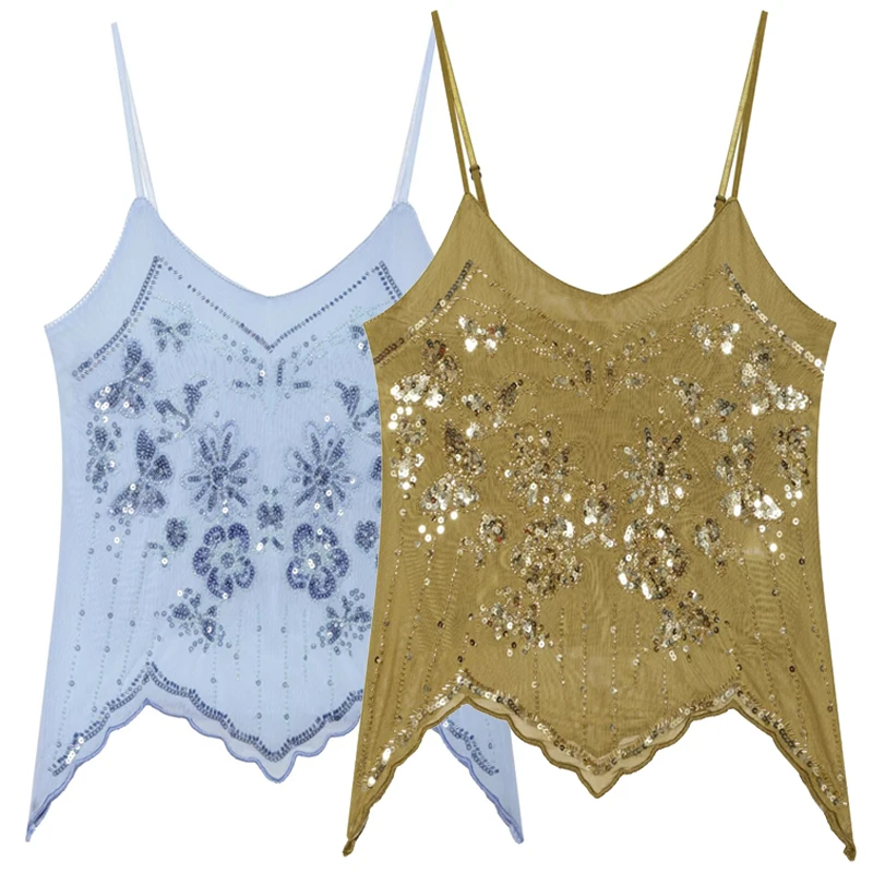 HXAO 2026 Woman Sequin Beaded Top Women Summer Mesh Camisole Crop Tops Irregular Backless Tops Embroidered Beach Tank Top