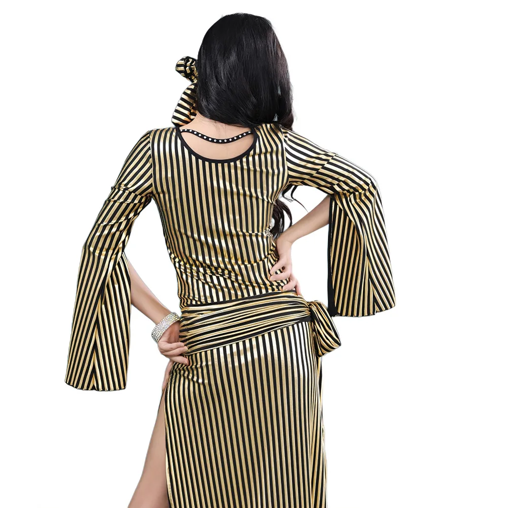 Gold Black Vertical Stripe Belly Dance Saidi Costume Flared Sleeve Split Maxi Dress Stage Performance Dance Wear