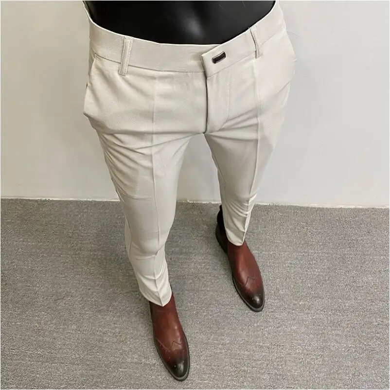 Brand Clothing Men Summer Casual Suit Pants Hombre Stretch Slim Solid Color Casual Dress Full Length Pants Fashion Men Clothing