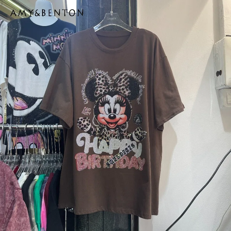 

Rhinestone Lose-fitting Slimming Oversized Cartoon Personality Top Fashion Trendy Casual Short-sleeve T-shirt Crew Neck Pullover