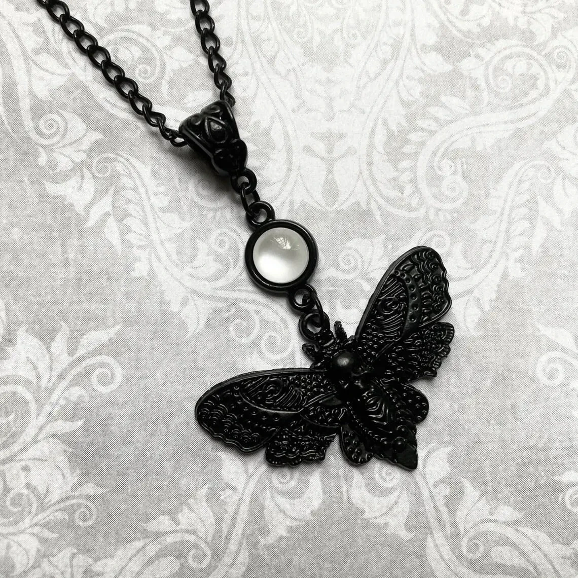 Black Death\'s Head Hawk Moth Necklace, Open Wings, Gothic Jewelry, Creepy Cute, Insect Jewelry, Halloween, Full Moon, Gift