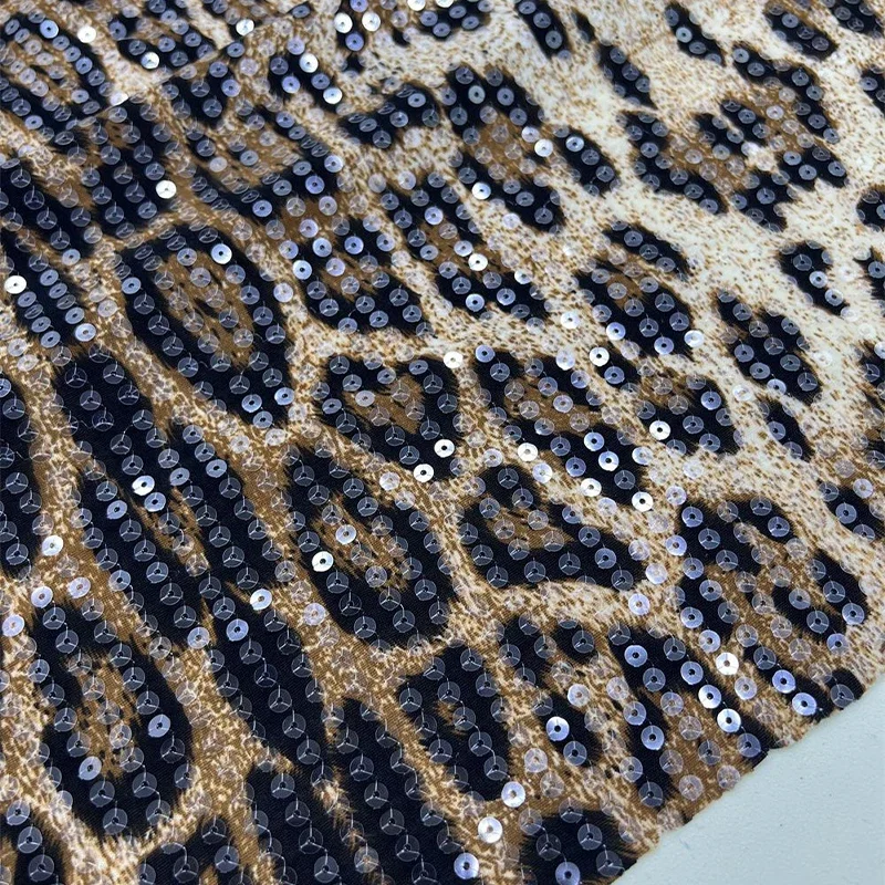 1yard X130cm Knitted Leopard Print Transparent Sequin Fabric DIY Fashion Clothes Dress Skirt Stage Performance Costumes Sewing