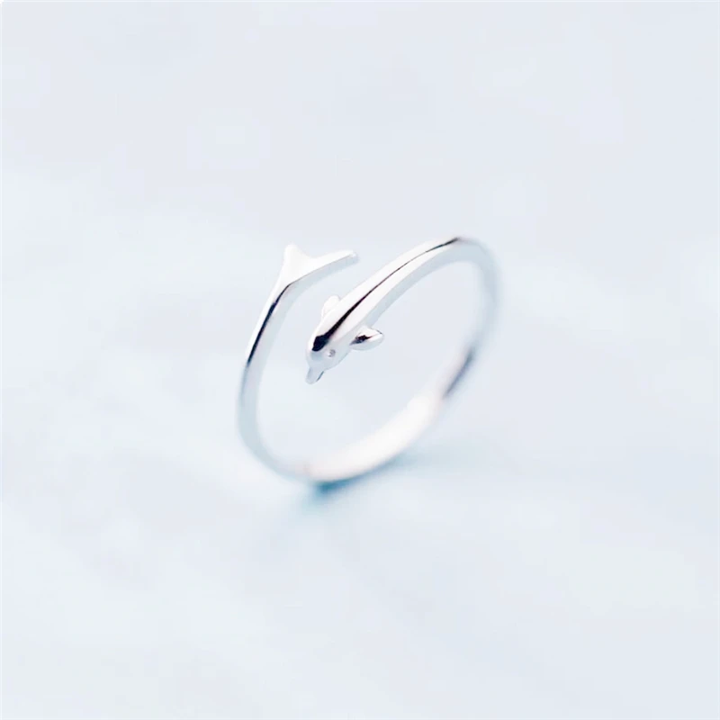 Sweet Mini Dolphin Whale Fresh 925 Sterling Silver Female Resizable Opening Rings RI572